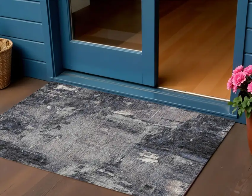 Charcoal Ivory And Blue Abstract Washable Indoor Outdoor Area Rug Photo 1