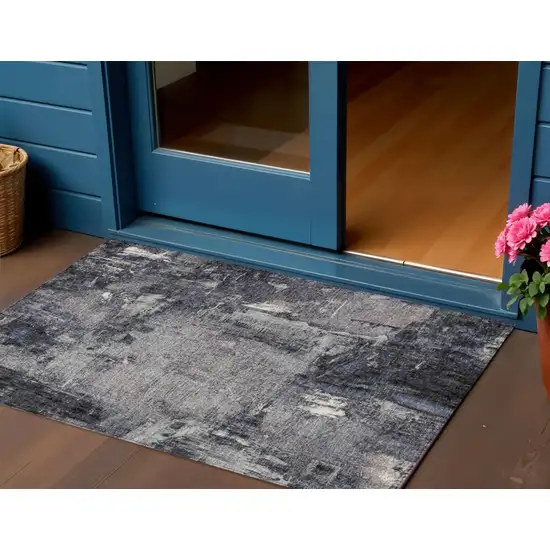 Charcoal Ivory And Blue Abstract Washable Indoor Outdoor Area Rug Photo 1