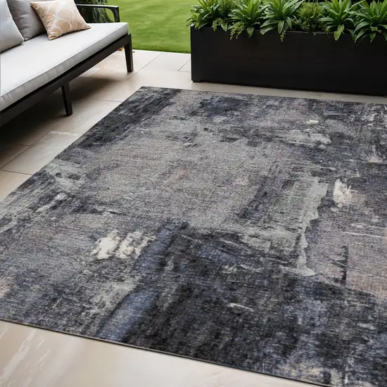 Charcoal Ivory And Blue Abstract Washable Indoor Outdoor Area Rug Photo 1