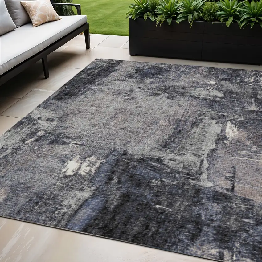 Charcoal Ivory And Blue Abstract Washable Indoor Outdoor Area Rug Photo 1