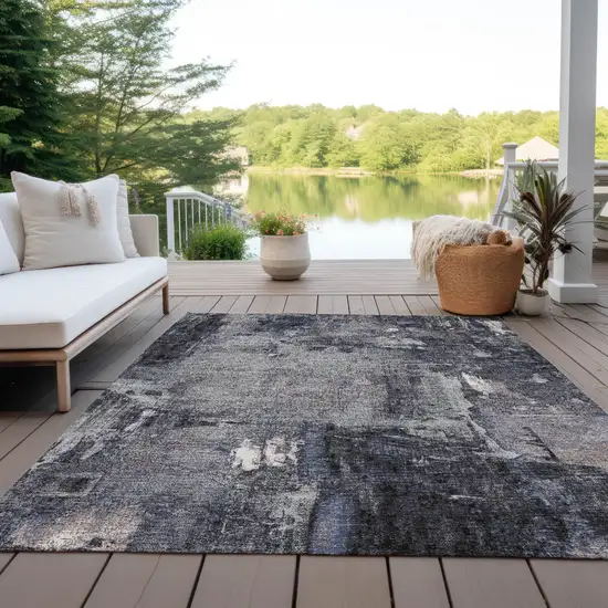 Charcoal Ivory And Blue Abstract Washable Indoor Outdoor Area Rug Photo 9