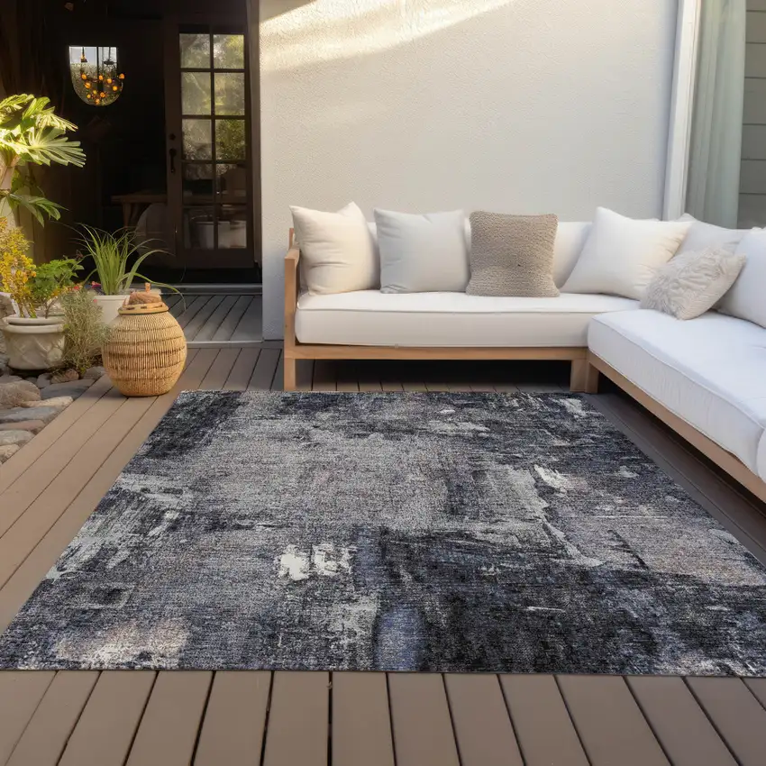 Charcoal Ivory And Blue Abstract Washable Indoor Outdoor Area Rug Photo 7