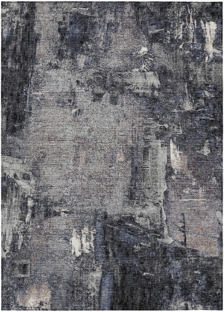 Charcoal Ivory And Blue Abstract Washable Indoor Outdoor Area Rug Photo 2