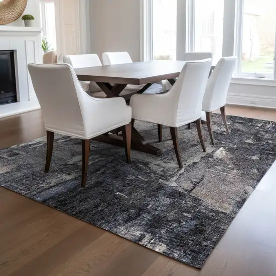 Charcoal Ivory And Blue Abstract Washable Indoor Outdoor Area Rug Photo 9