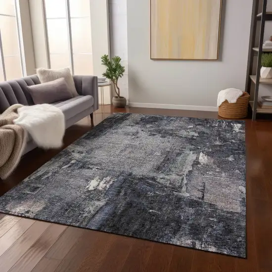 Charcoal Ivory And Blue Abstract Washable Indoor Outdoor Area Rug Photo 8