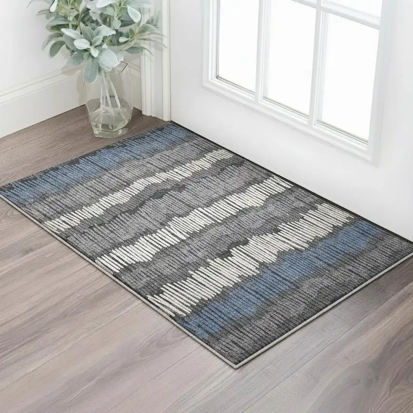 Charcoal Ivory And Blue Striped Washable Area Rug With UV Protection Photo 2
