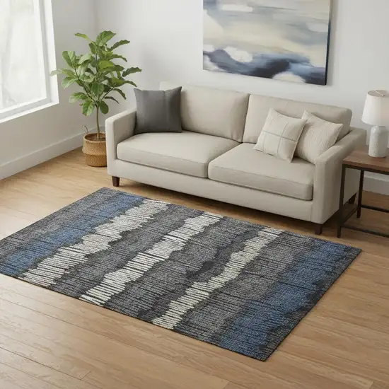 Charcoal Ivory And Blue Striped Washable Area Rug With UV Protection Photo 2