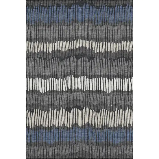 Charcoal Ivory And Blue Striped Washable Area Rug With UV Protection Photo 1