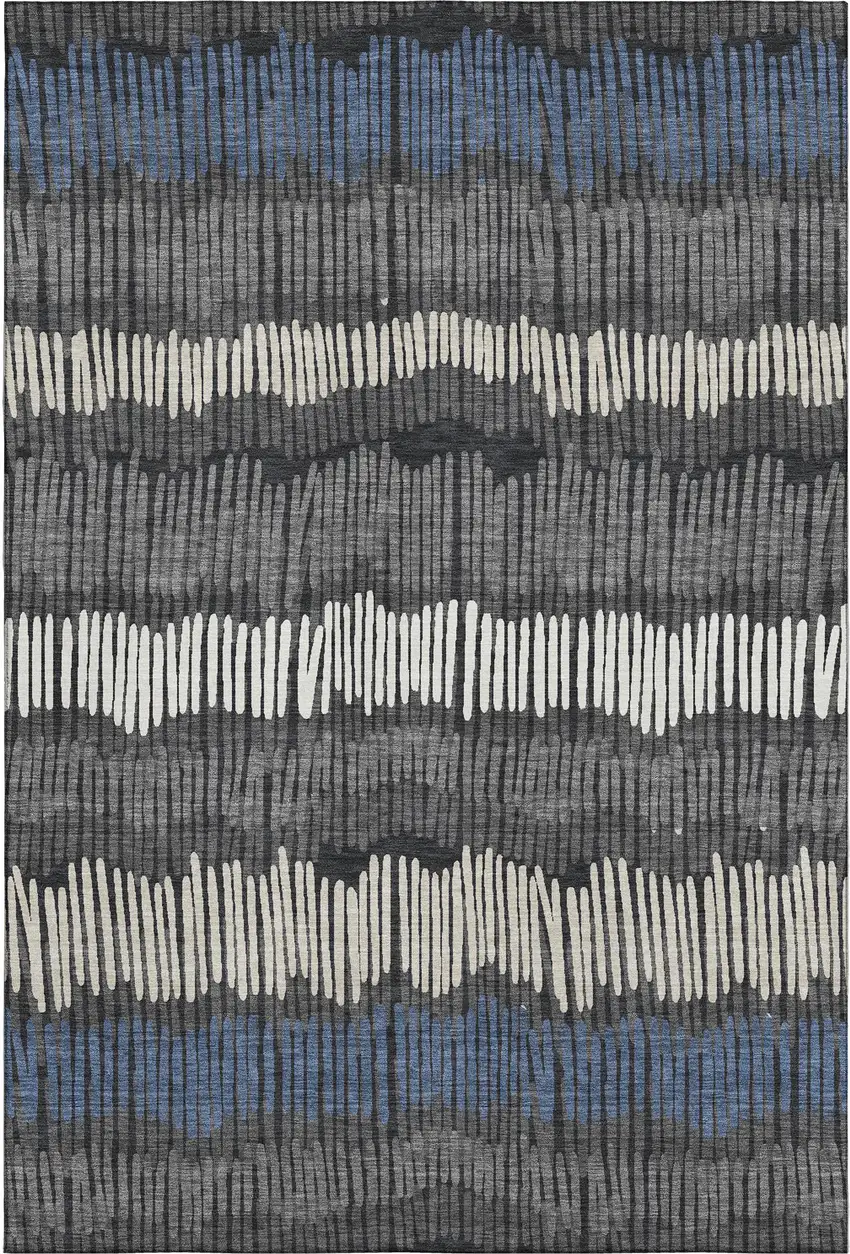 Charcoal Ivory And Blue Striped Washable Area Rug With UV Protection Photo 1