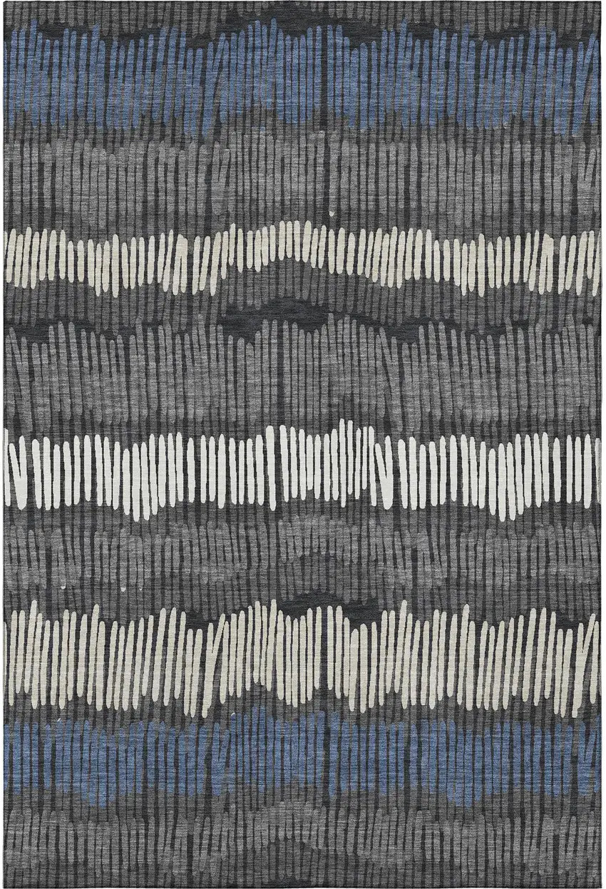 Charcoal Ivory And Blue Striped Washable Area Rug With UV Protection Photo 4