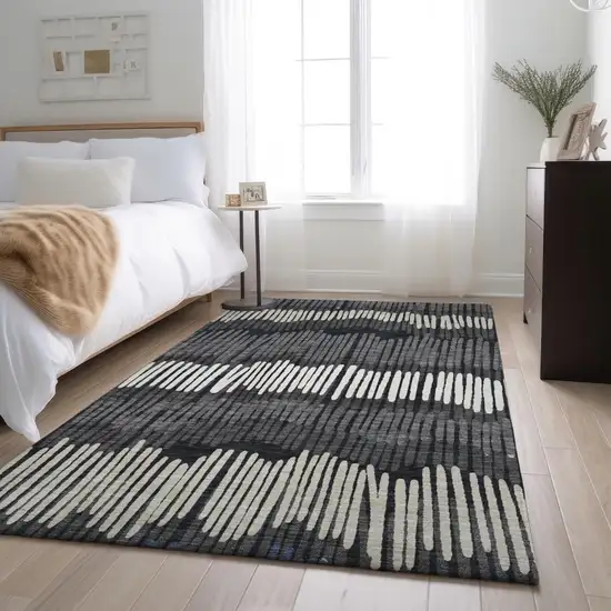 Charcoal Ivory And Blue Striped Washable Area Rug With UV Protection Photo 5