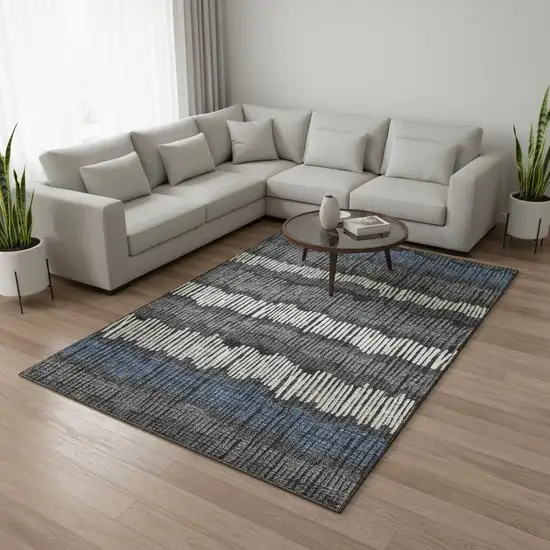 Charcoal Ivory And Blue Striped Washable Area Rug With UV Protection Photo 2