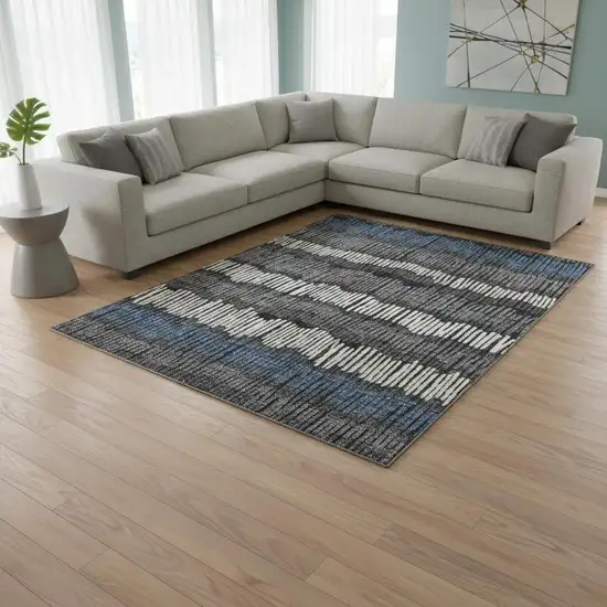 Charcoal Ivory And Blue Striped Washable Area Rug With UV Protection Photo 2