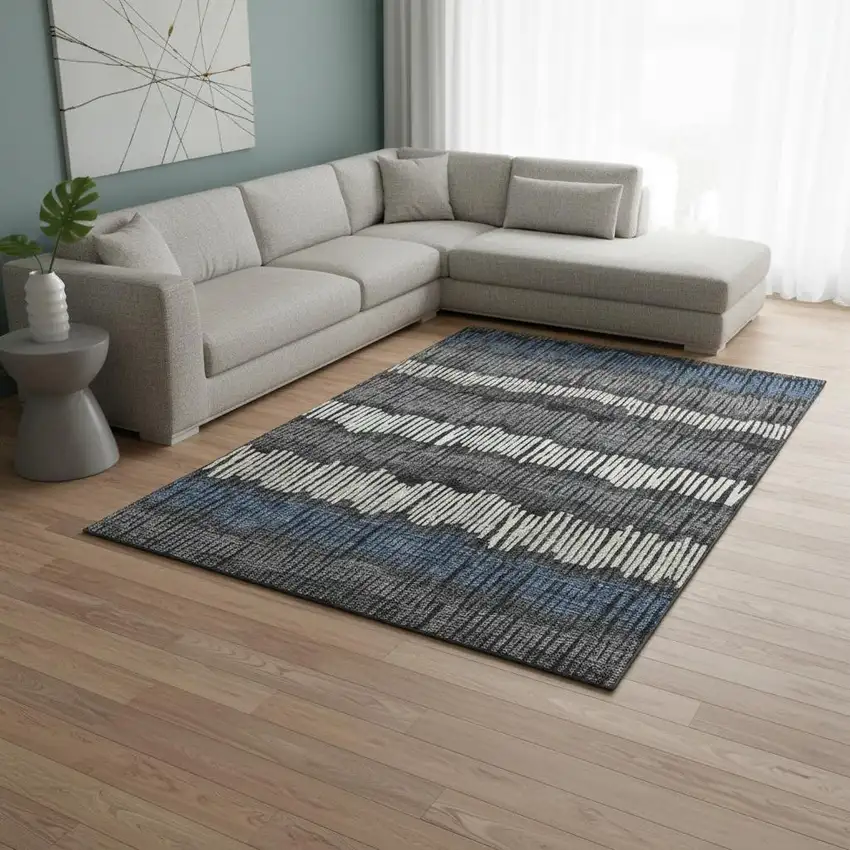 Charcoal Ivory And Blue Striped Washable Area Rug With UV Protection Photo 2