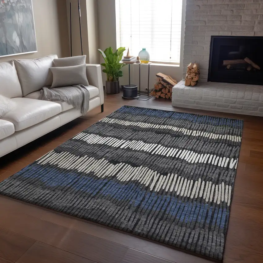 Charcoal Ivory And Blue Striped Washable Area Rug With UV Protection Photo 6