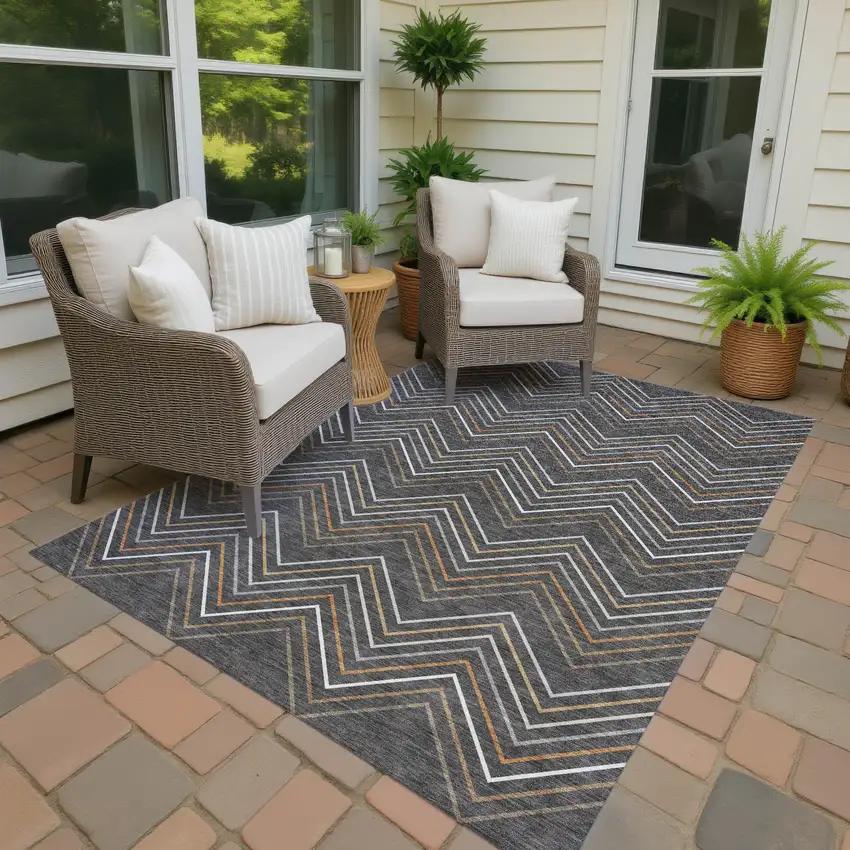 Charcoal Ivory And Brown Striped Washable Indoor Outdoor Area Rug Photo 4