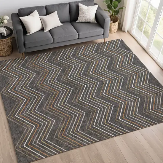 Charcoal Ivory And Brown Striped Washable Indoor Outdoor Area Rug Photo 5