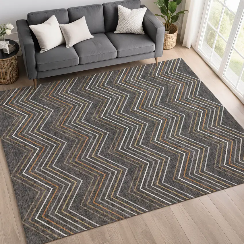 Charcoal Ivory And Brown Striped Washable Indoor Outdoor Area Rug Photo 5