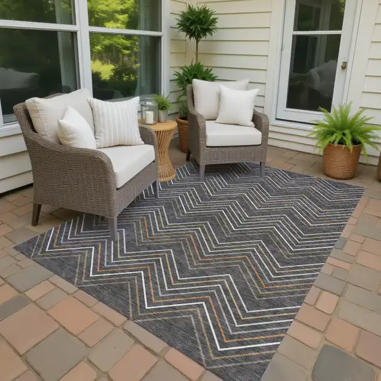 Charcoal Ivory And Brown Striped Washable Indoor Outdoor Area Rug Photo 4