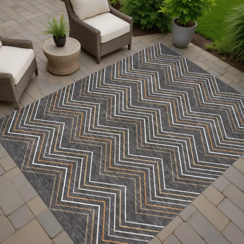 Charcoal Ivory And Brown Striped Washable Indoor Outdoor Area Rug Photo 7