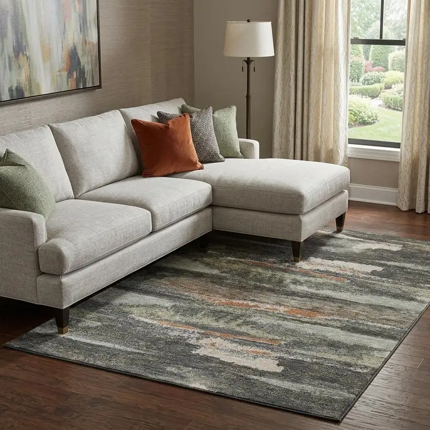 Charcoal Ivory And Copper Abstract Washable Area Rug With UV Protection Photo 1