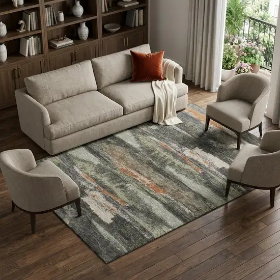 Charcoal Ivory And Copper Abstract Washable Area Rug With UV Protection Photo 1