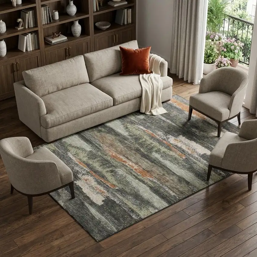 Charcoal Ivory And Copper Abstract Washable Area Rug With UV Protection Photo 1