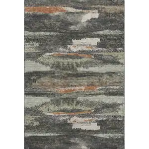 Photo of Charcoal Ivory And Copper Abstract Washable Area Rug With UV Protection