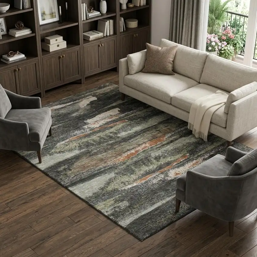 Charcoal Ivory And Copper Abstract Washable Area Rug With UV Protection Photo 1