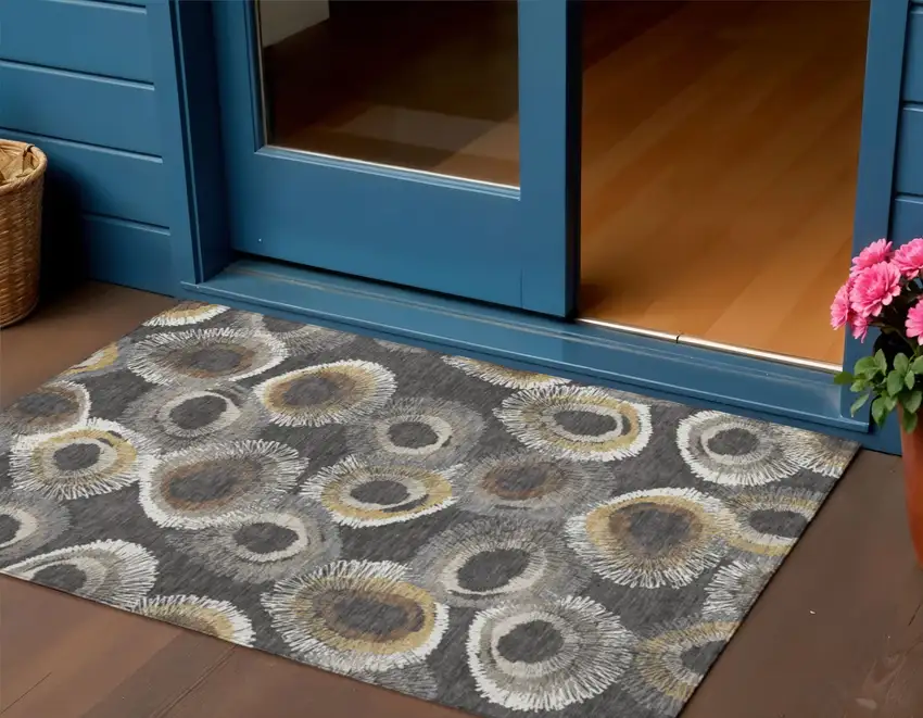 Charcoal Ivory And Copper Geometric Washable Indoor Outdoor Area Rug Photo 1