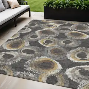 Photo of Charcoal Ivory And Copper Geometric Washable Indoor Outdoor Area Rug
