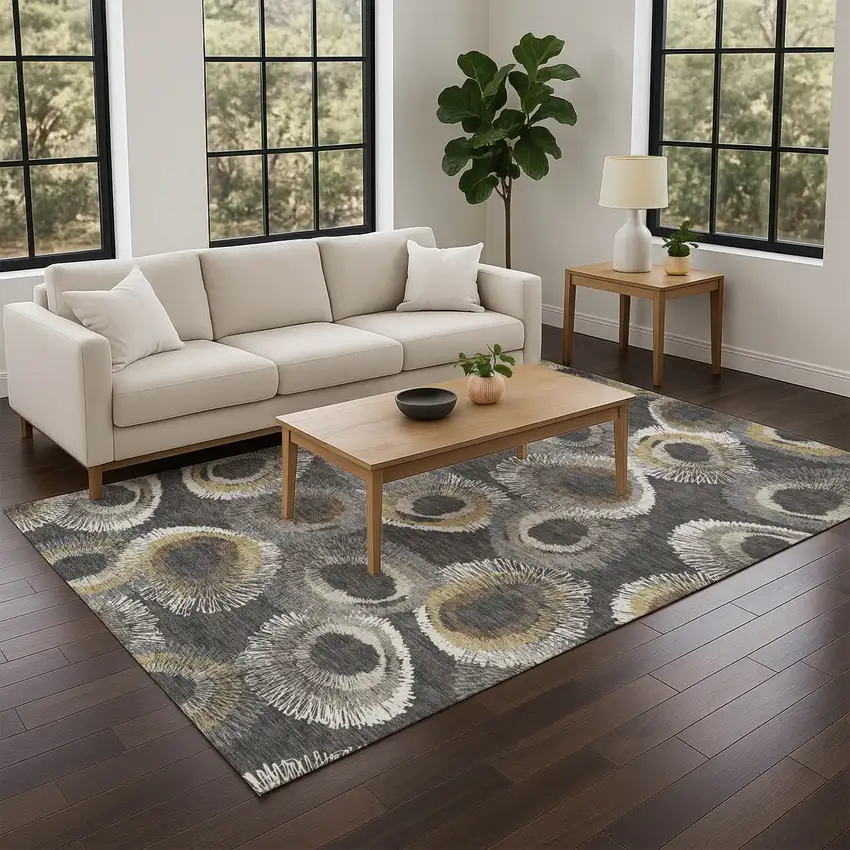 Charcoal Ivory And Copper Geometric Washable Indoor Outdoor Area Rug Photo 9