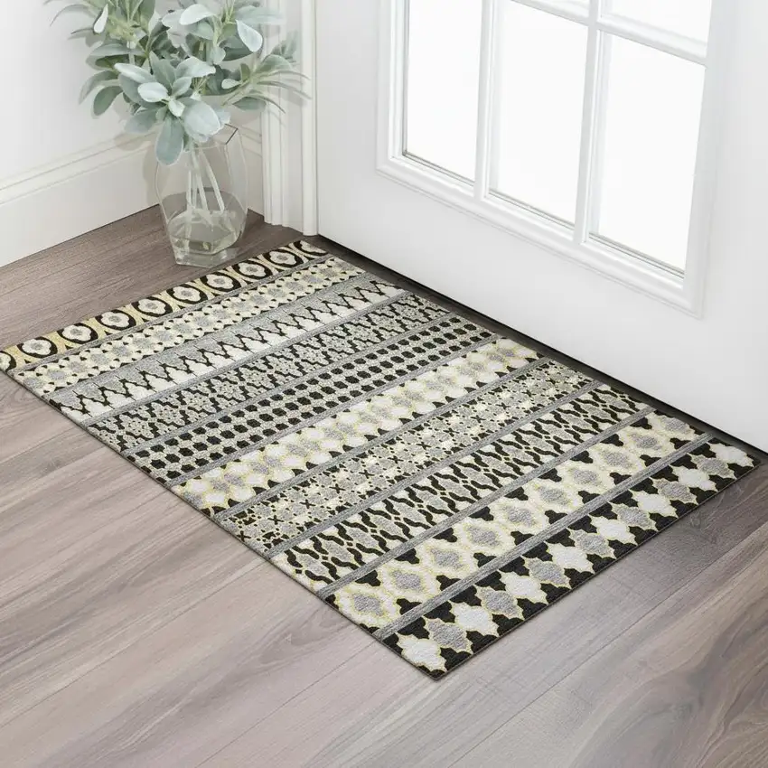 Charcoal Ivory And Copper Ikat Washable Area Rug With UV Protection Photo 1