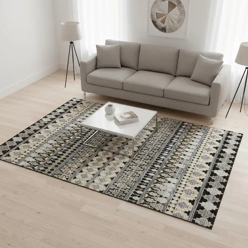 Charcoal Ivory And Copper Ikat Washable Area Rug With UV Protection Photo 2