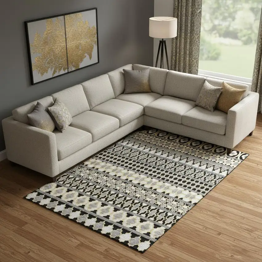 Charcoal Ivory And Copper Ikat Washable Area Rug With UV Protection Photo 1