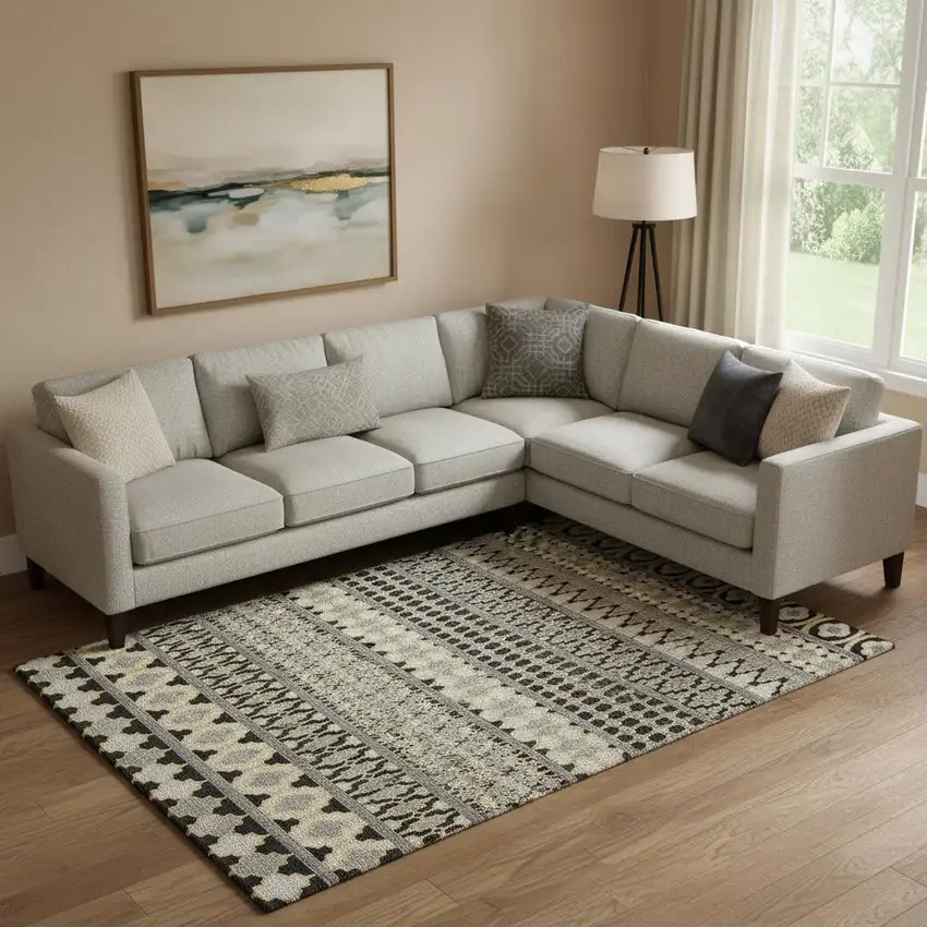 Charcoal Ivory And Copper Ikat Washable Area Rug With UV Protection Photo 1