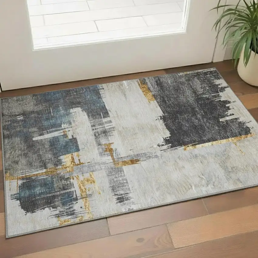 Charcoal Ivory And Gold Abstract Washable Area Rug With UV Protection Photo 1