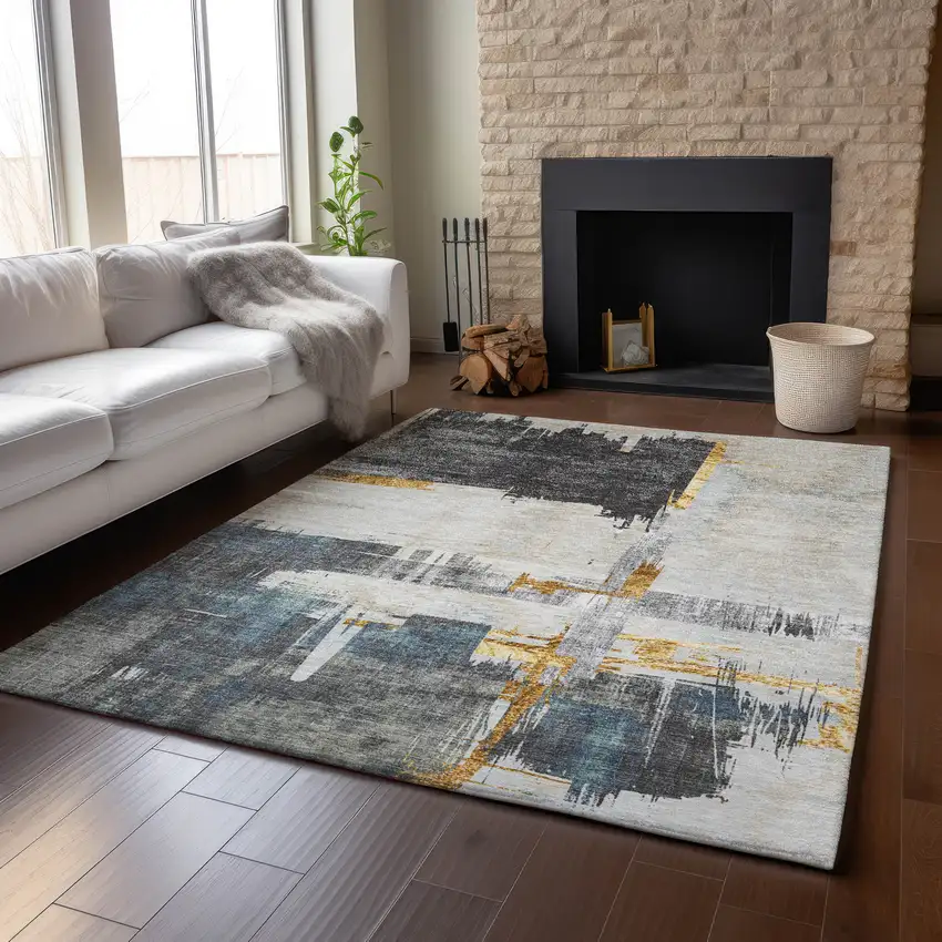 Charcoal Ivory And Gold Abstract Washable Area Rug With UV Protection Photo 5