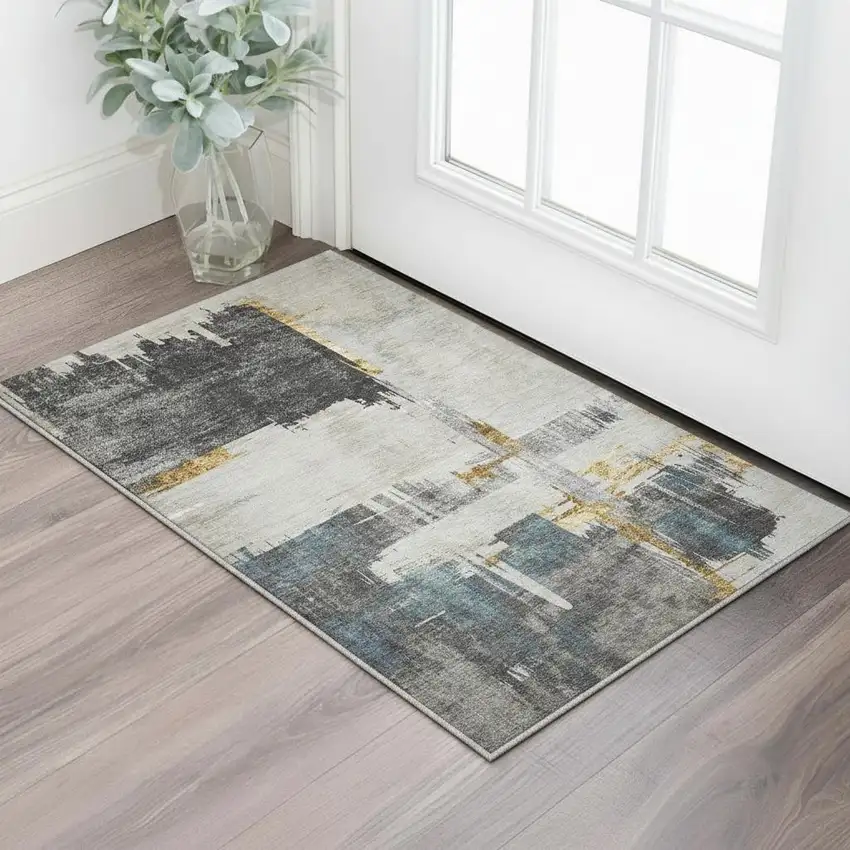 Charcoal Ivory And Gold Abstract Washable Area Rug With UV Protection Photo 2