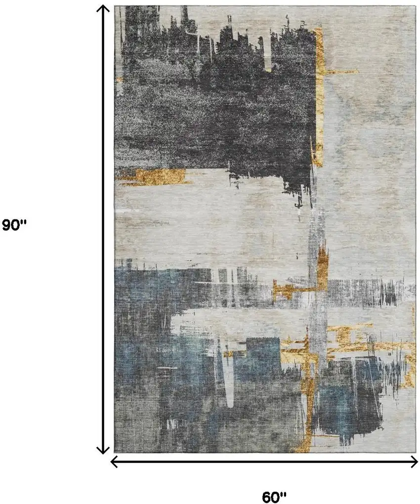 Charcoal Ivory And Gold Abstract Washable Area Rug With UV Protection Photo 3