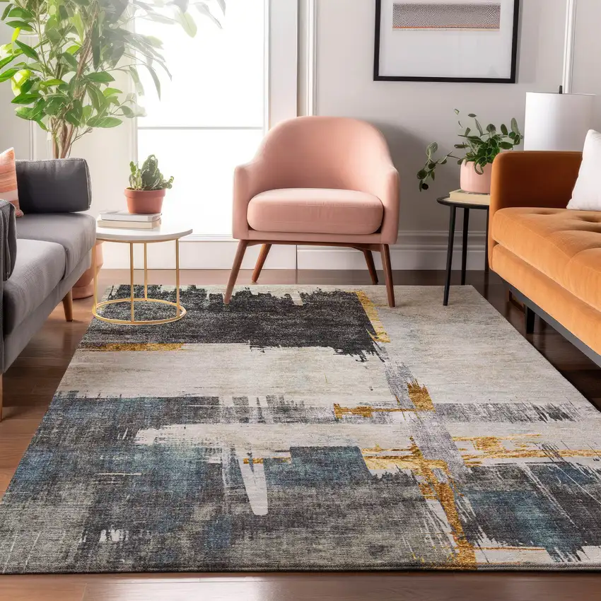 Charcoal Ivory And Gold Abstract Washable Area Rug With UV Protection Photo 5