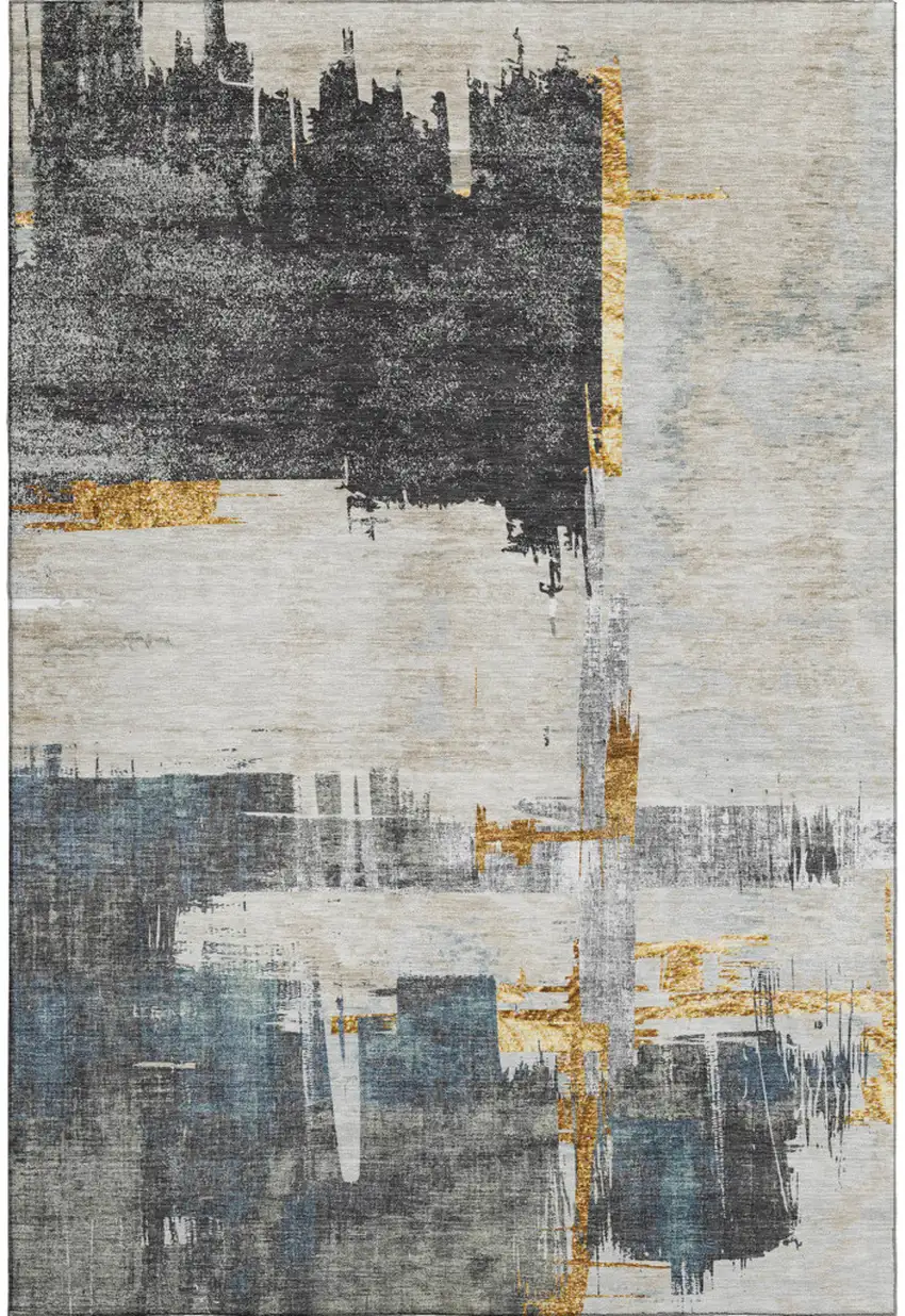 Charcoal Ivory And Gold Abstract Washable Area Rug With UV Protection Photo 1