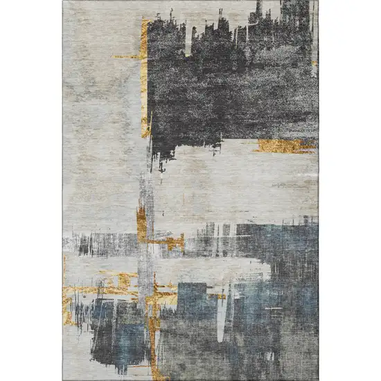 Charcoal Ivory And Gold Abstract Washable Area Rug With UV Protection Photo 3