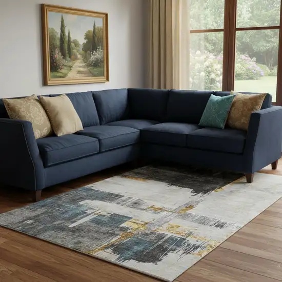 Charcoal Ivory And Gold Abstract Washable Area Rug With UV Protection Photo 1