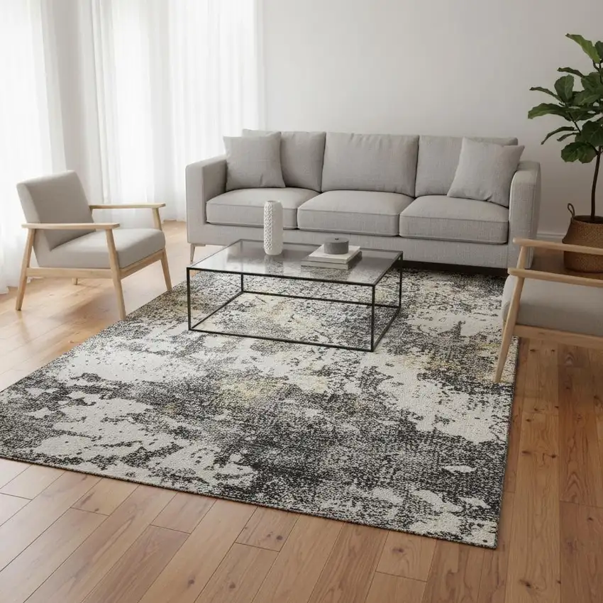 Charcoal Ivory And Gold Abstract Washable Area Rug With UV Protection Photo 2