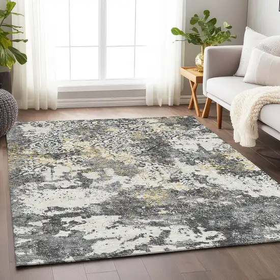 Charcoal Ivory And Gold Abstract Washable Area Rug With UV Protection Photo 5