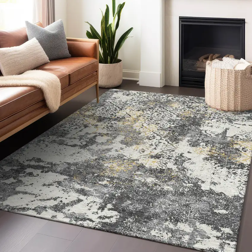 Charcoal Ivory And Gold Abstract Washable Area Rug With UV Protection Photo 6
