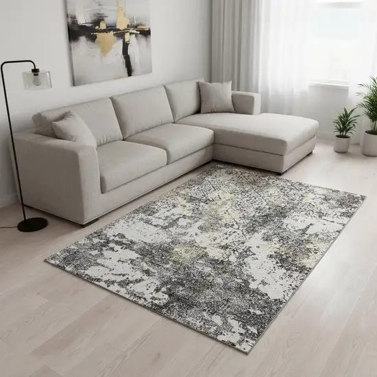 Charcoal Ivory And Gold Abstract Washable Area Rug With UV Protection Photo 2