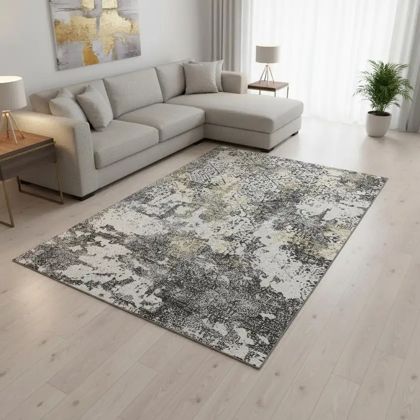 Charcoal Ivory And Gold Abstract Washable Area Rug With UV Protection Photo 2