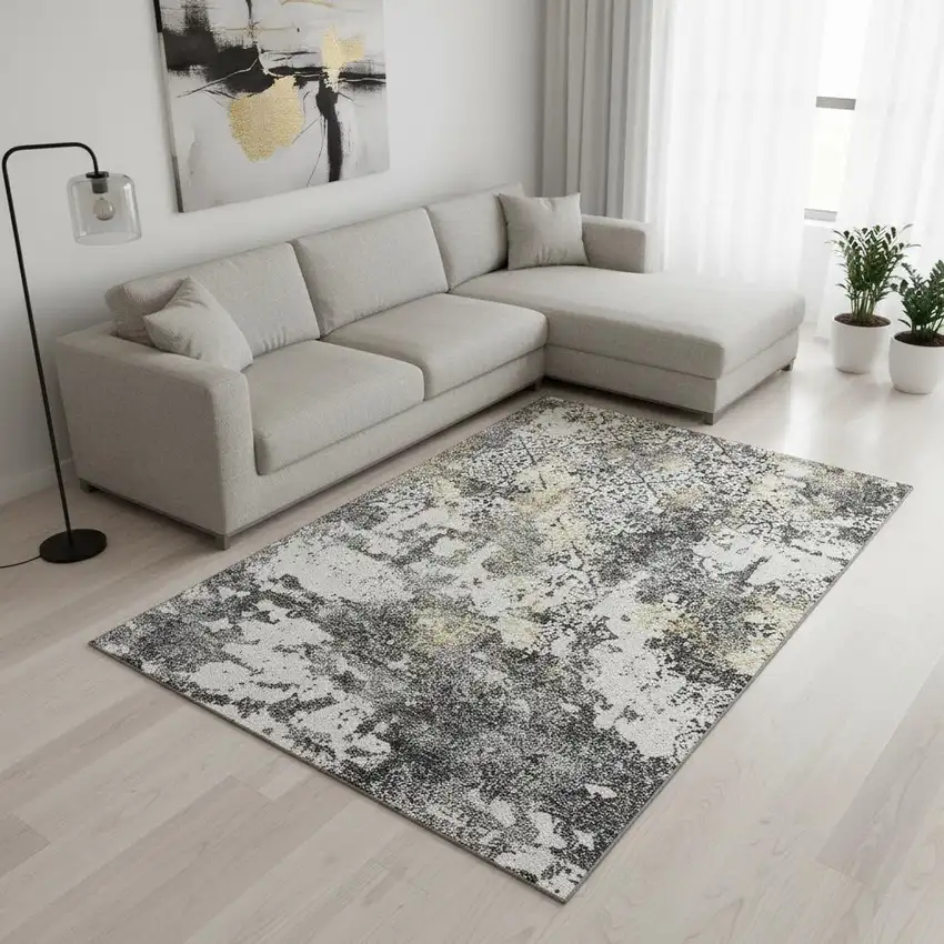 Charcoal Ivory And Gold Abstract Washable Area Rug With UV Protection Photo 2